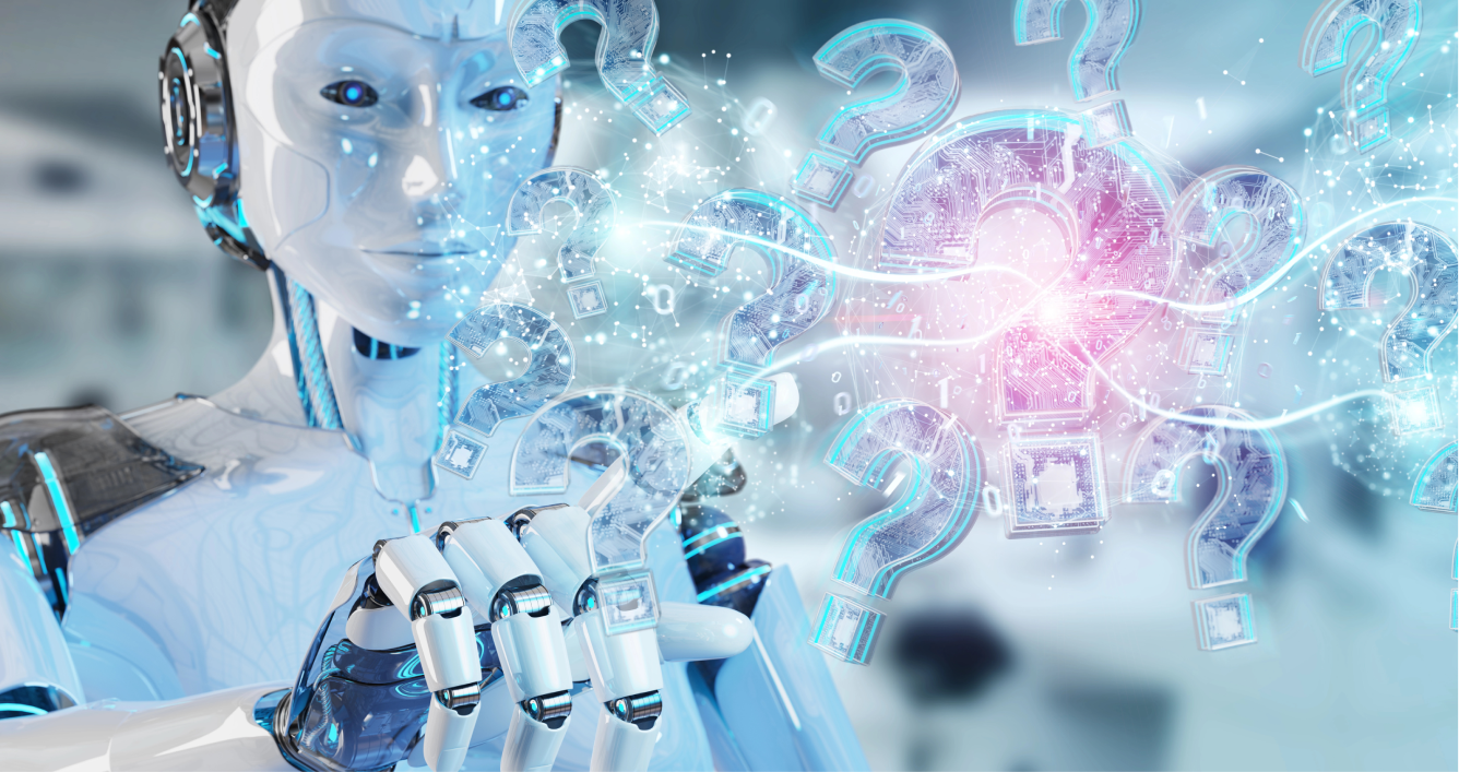 AI neural network visualization with question marks and robotic hand