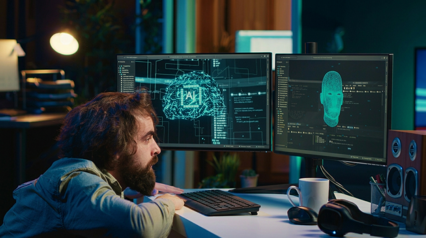 Developer working with AI on multiple monitors