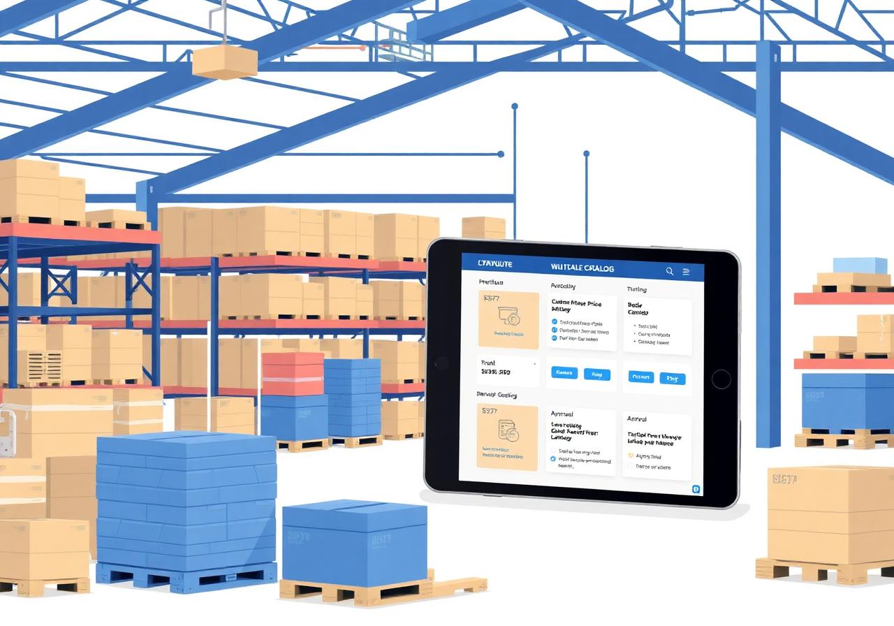 B2B wholesale ecommerce on Shopify Plus illustrated with a warehouse and tablet catalog