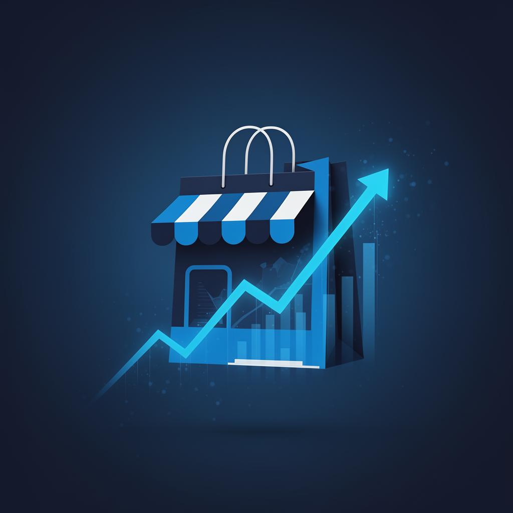 Stylized ecommerce storefront with growth chart symbolizing online retail success