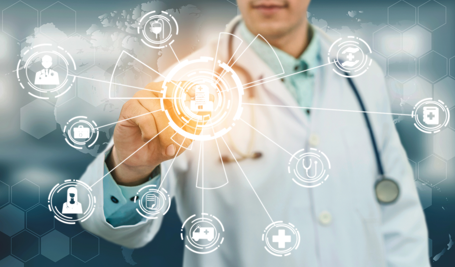 Medical professional with healthcare technology interface