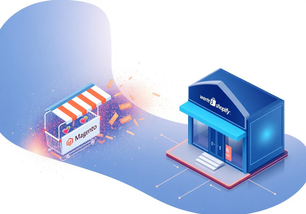 Magento storefront migrating to Shopify Plus, illustrated as a controlled data flow