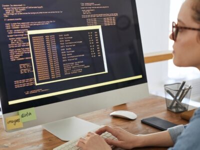 woman standing in front of a computer
